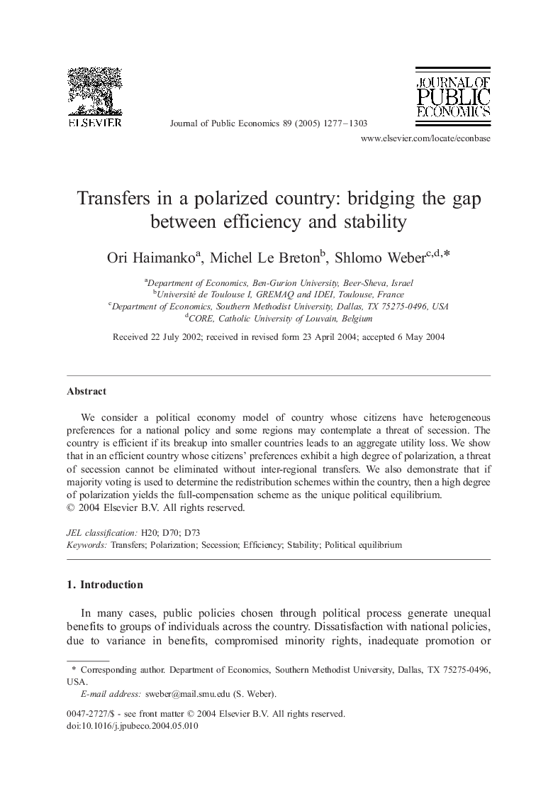 Transfers in a polarized country: bridging the gap between efficiency and stability