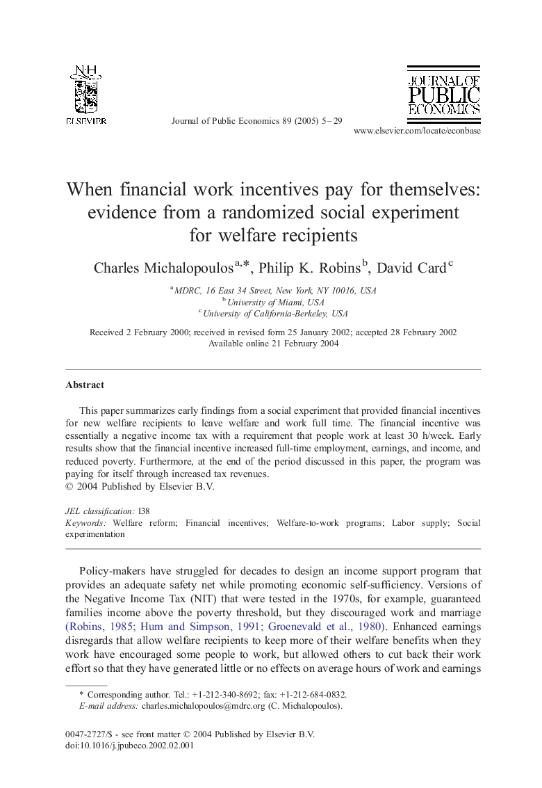 When financial work incentives pay for themselves: evidence from a randomized social experiment for welfare recipients