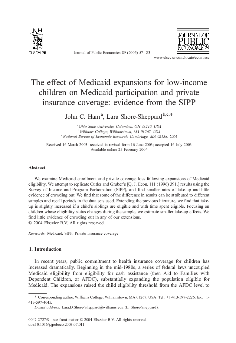 The effect of Medicaid expansions for low-income children on Medicaid participation and private insurance coverage: evidence from the SIPP