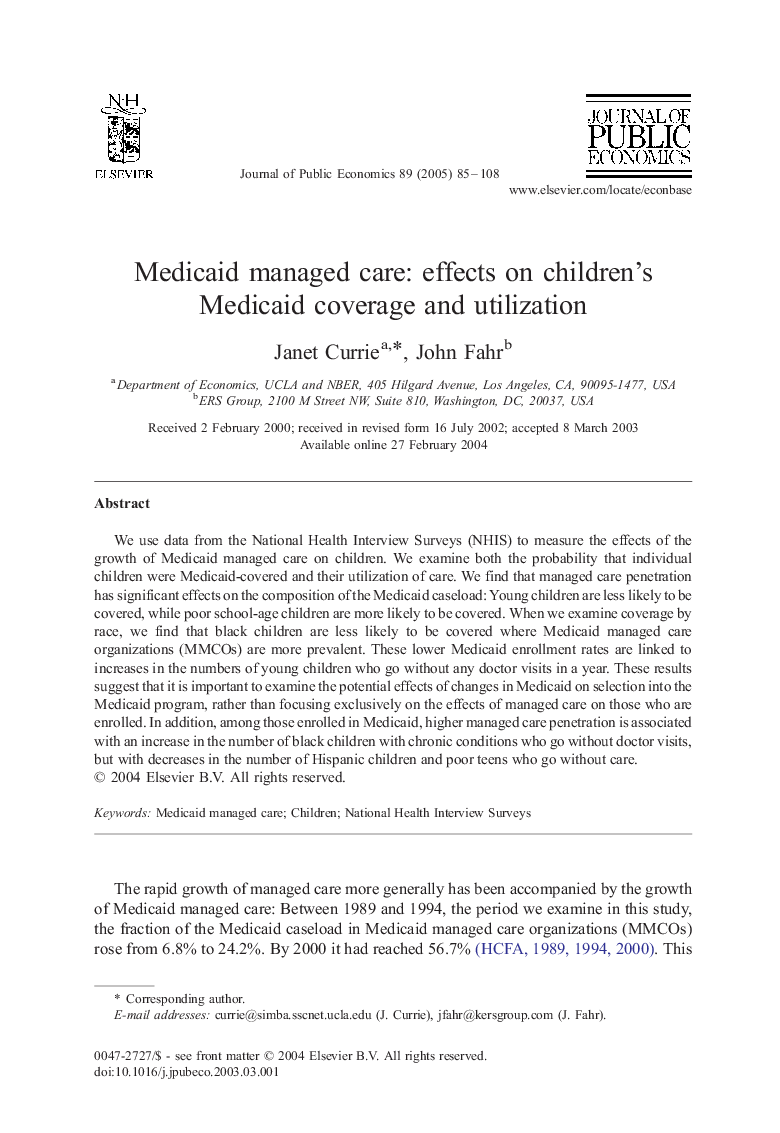 Medicaid managed care: effects on children's Medicaid coverage and utilization