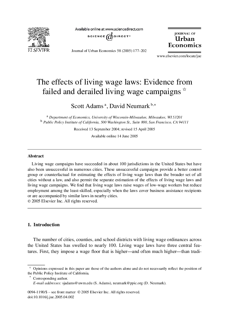 The effects of living wage laws: Evidence from failed and derailed living wage campaigns