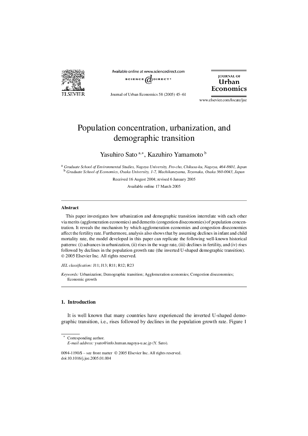 Population concentration, urbanization, and demographic transition