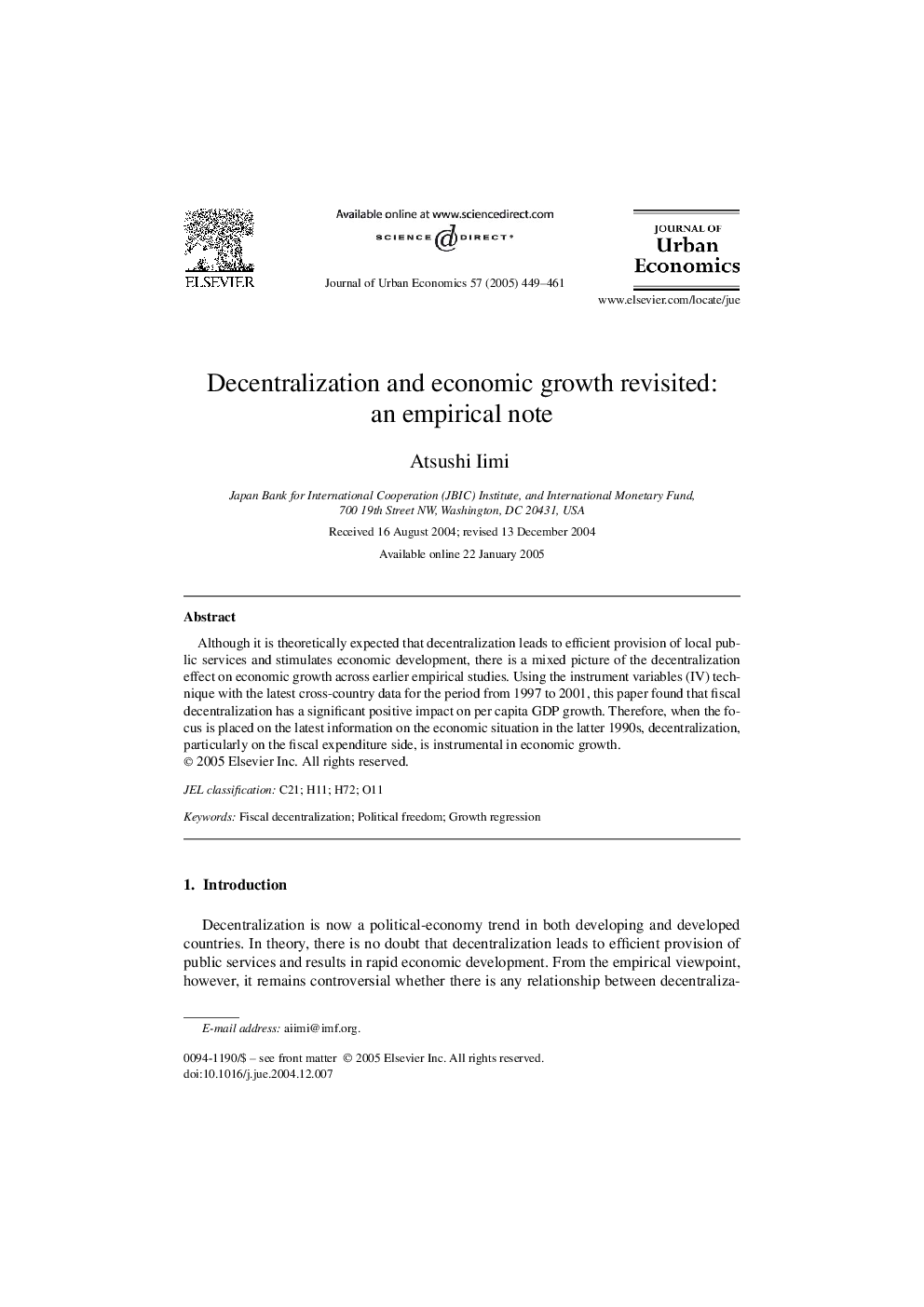 Decentralization and economic growth revisited: an empirical note