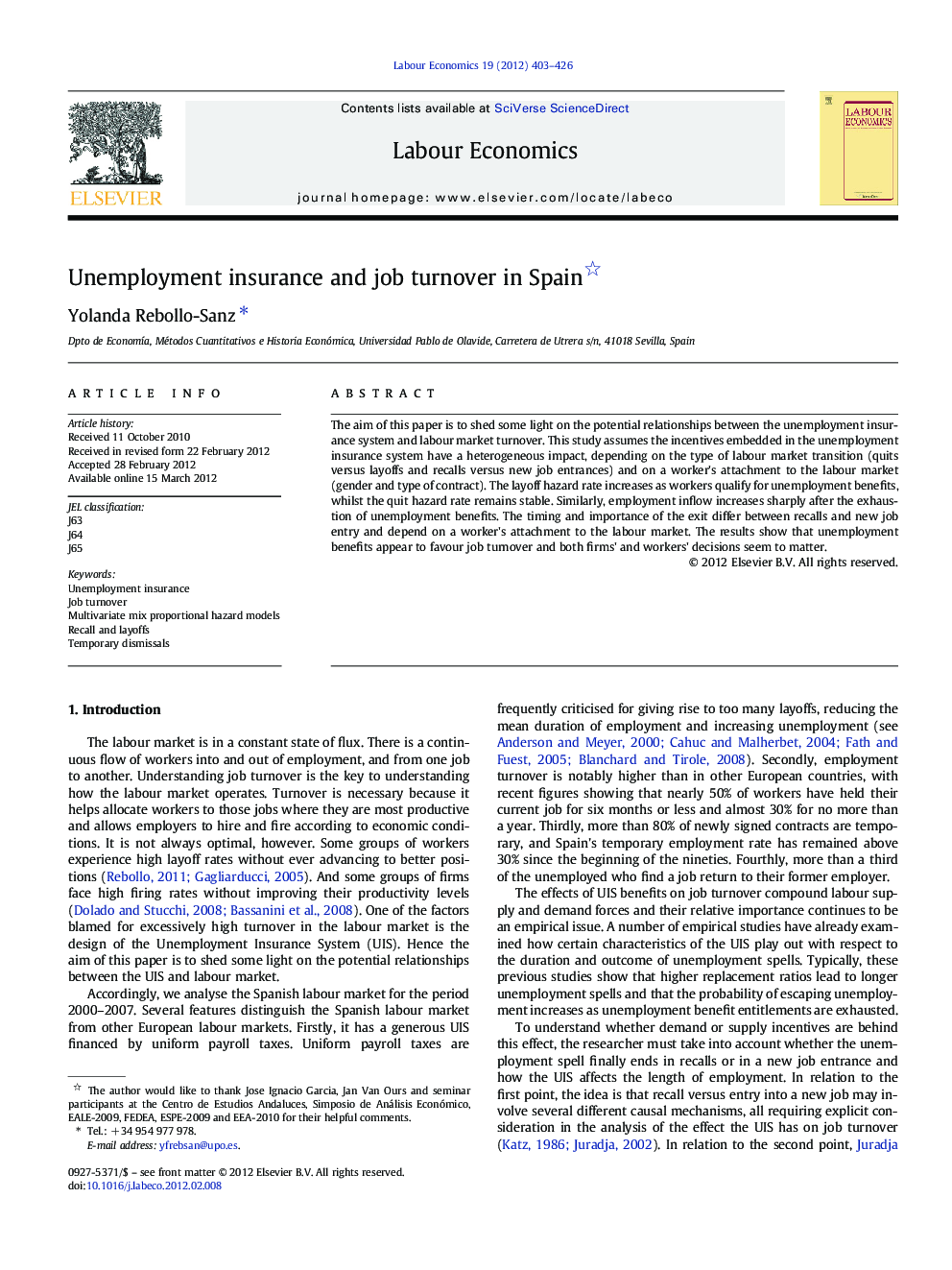 Unemployment insurance and job turnover in Spain