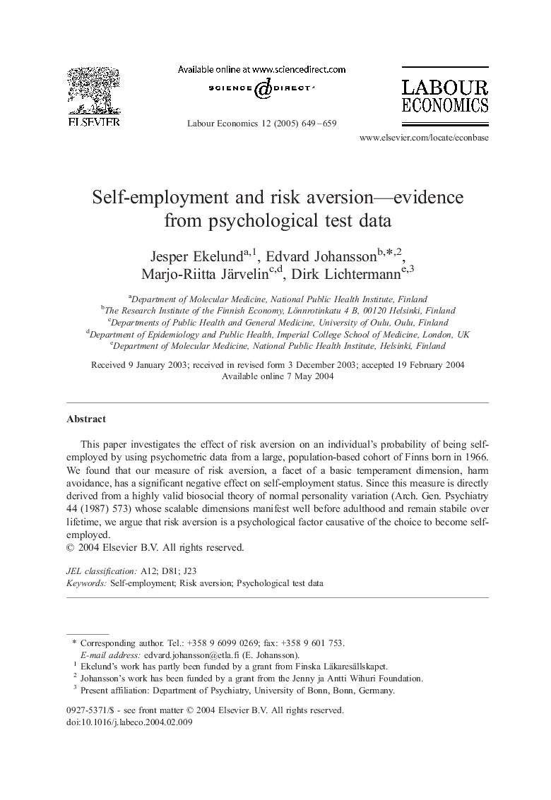 Self-employment and risk aversion-evidence from psychological test data