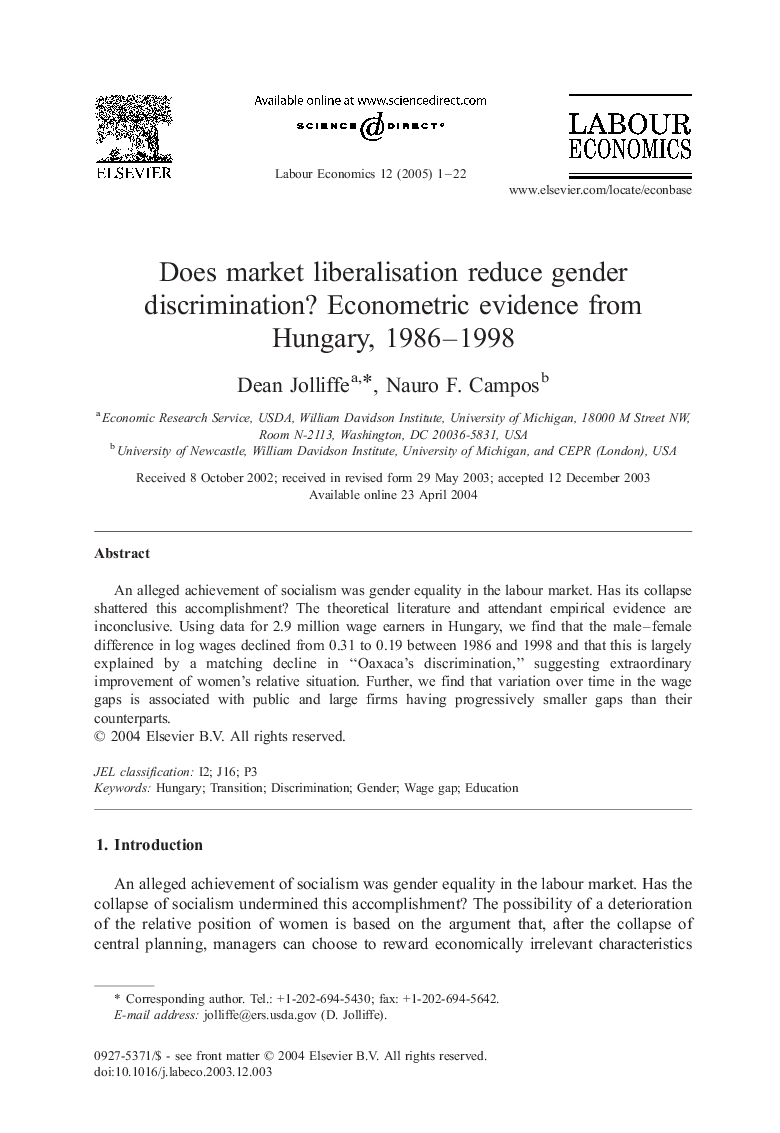 Does market liberalisation reduce gender discrimination? Econometric evidence from Hungary, 1986-1998