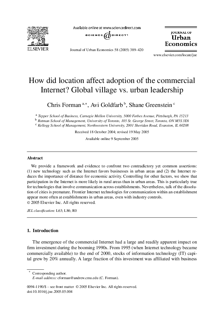 How did location affect adoption of the commercial Internet? Global village vs. urban leadership