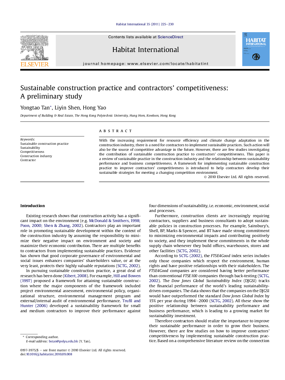 Sustainable construction practice and contractors’ competitiveness: A preliminary study