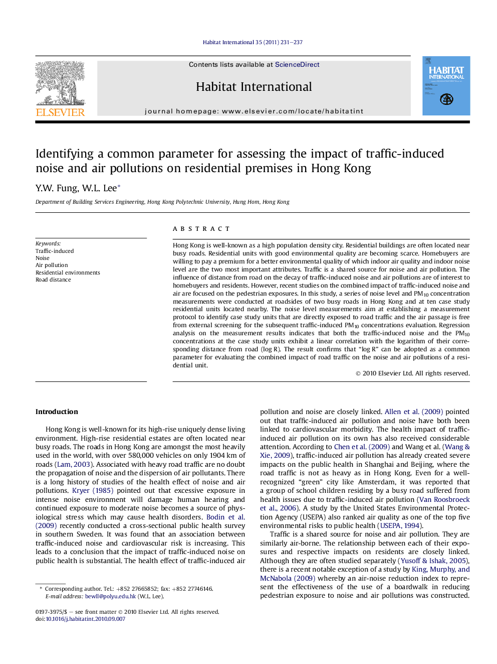 Identifying a common parameter for assessing the impact of traffic-induced noise and air pollutions on residential premises in Hong Kong