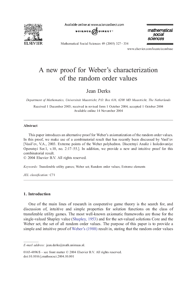 A new proof for Weber's characterization of the random order values