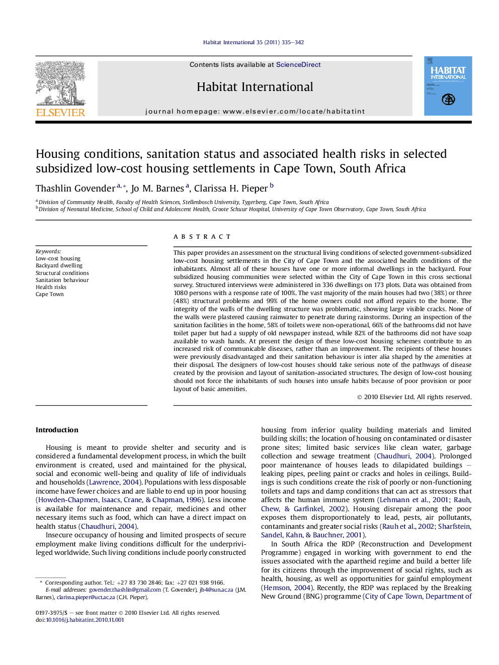 Housing conditions, sanitation status and associated health risks in selected subsidized low-cost housing settlements in Cape Town, South Africa