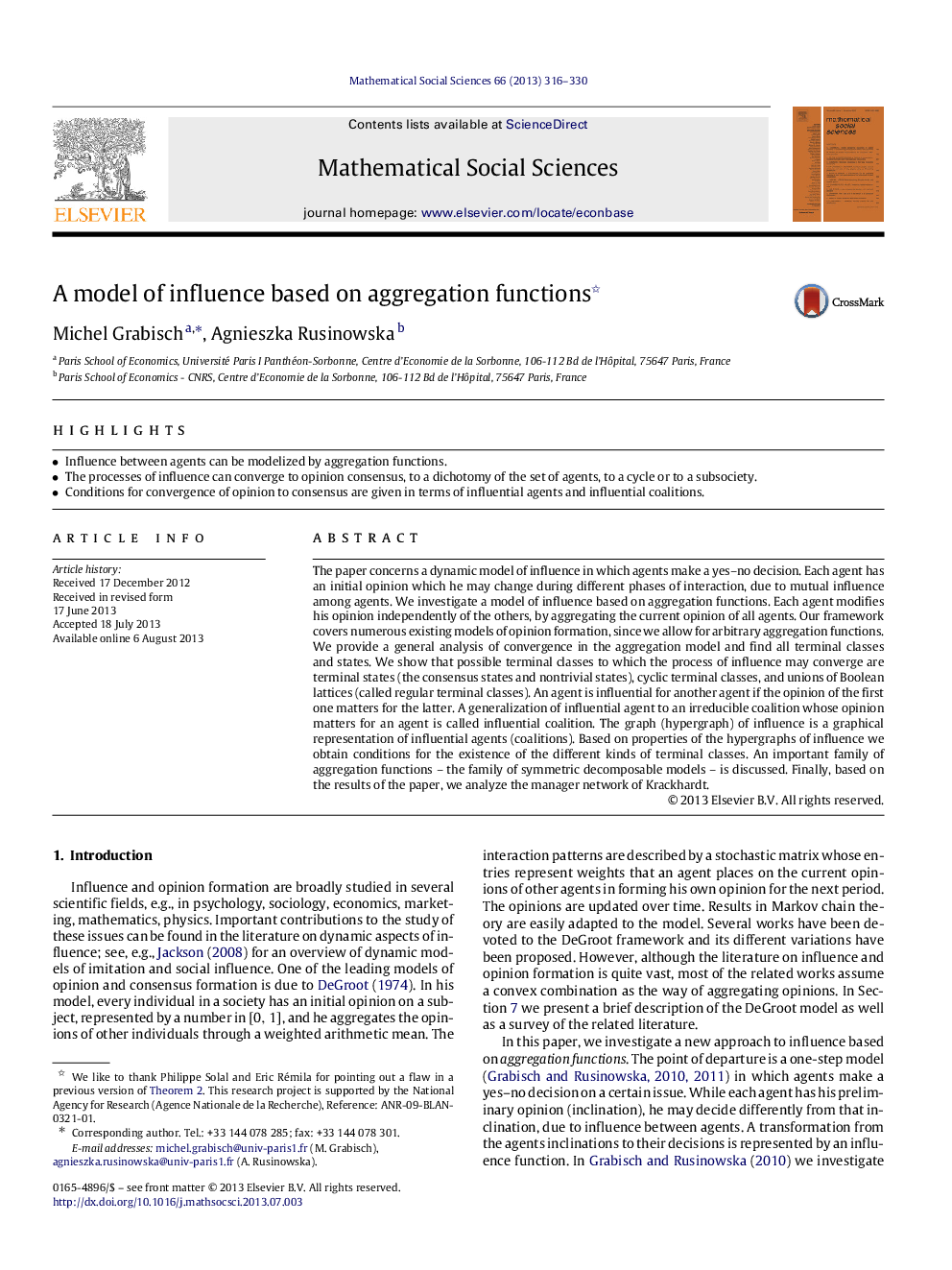 A model of influence based on aggregation functions