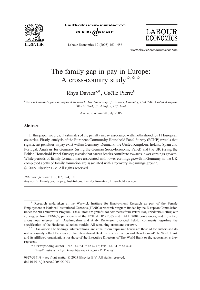 The family gap in pay in Europe: a cross-country study