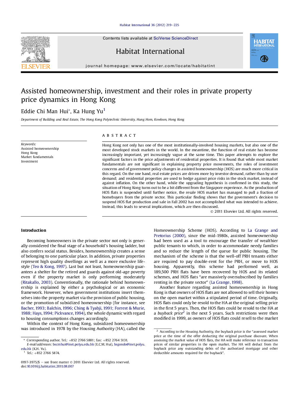 Assisted homeownership, investment and their roles in private property price dynamics in Hong Kong