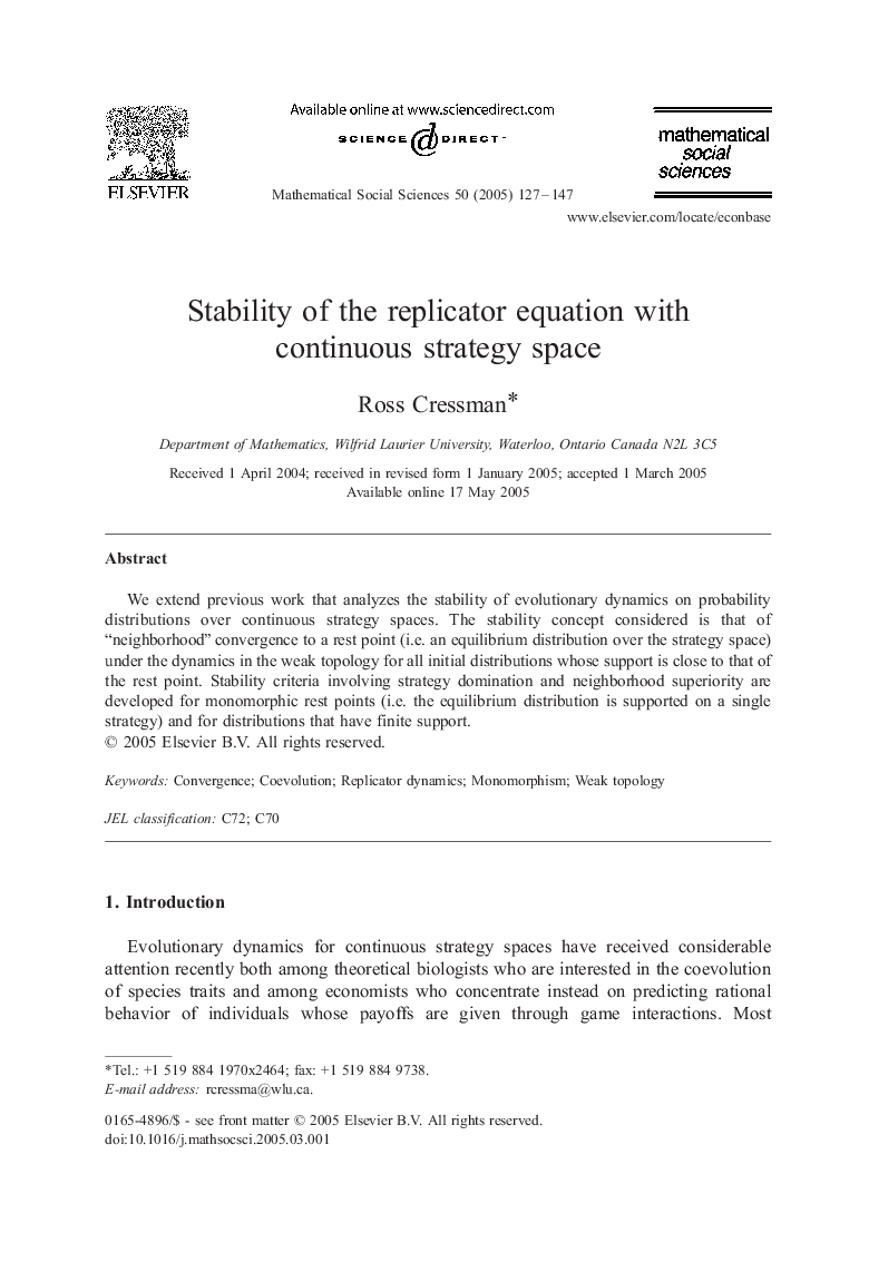 Stability of the replicator equation with continuous strategy space