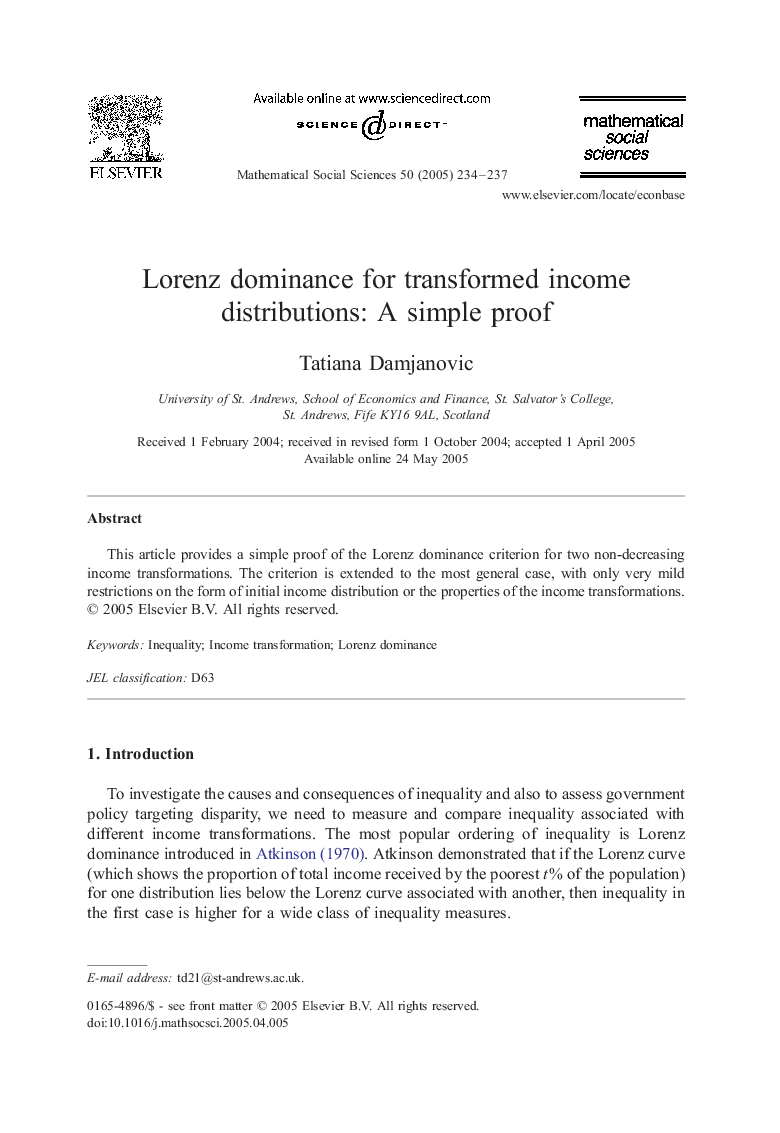 Lorenz dominance for transformed income distributions: A simple proof