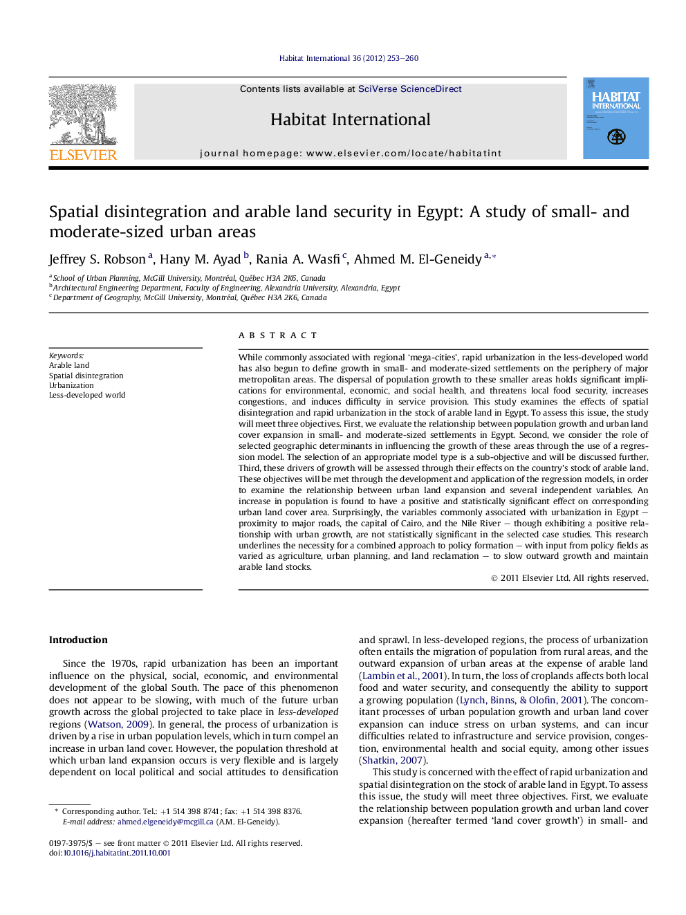 Spatial disintegration and arable land security in Egypt: A study of small- and moderate-sized urban areas