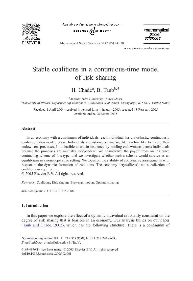 Stable coalitions in a continuous-time model of risk sharing