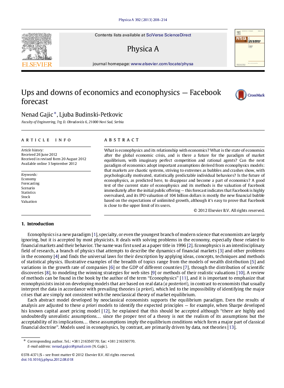 Ups and downs of economics and econophysics - Facebook forecast