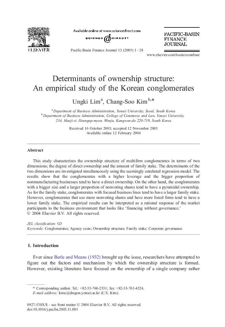 Determinants of ownership structure: An empirical study of the Korean conglomerates