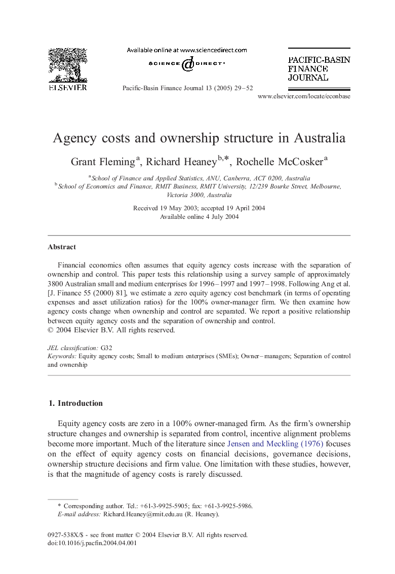 Agency costs and ownership structure in Australia