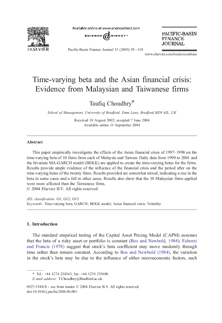 Time-varying beta and the Asian financial crisis: Evidence from Malaysian and Taiwanese firms