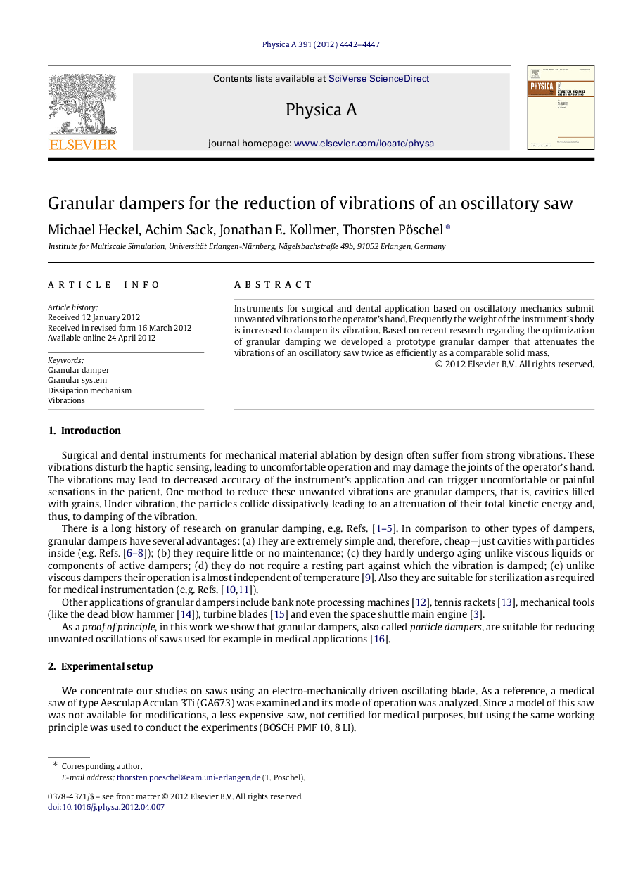 Granular dampers for the reduction of vibrations of an oscillatory saw