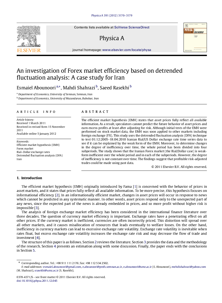 An investigation of Forex market efficiency based on detrended fluctuation analysis: A case study for Iran