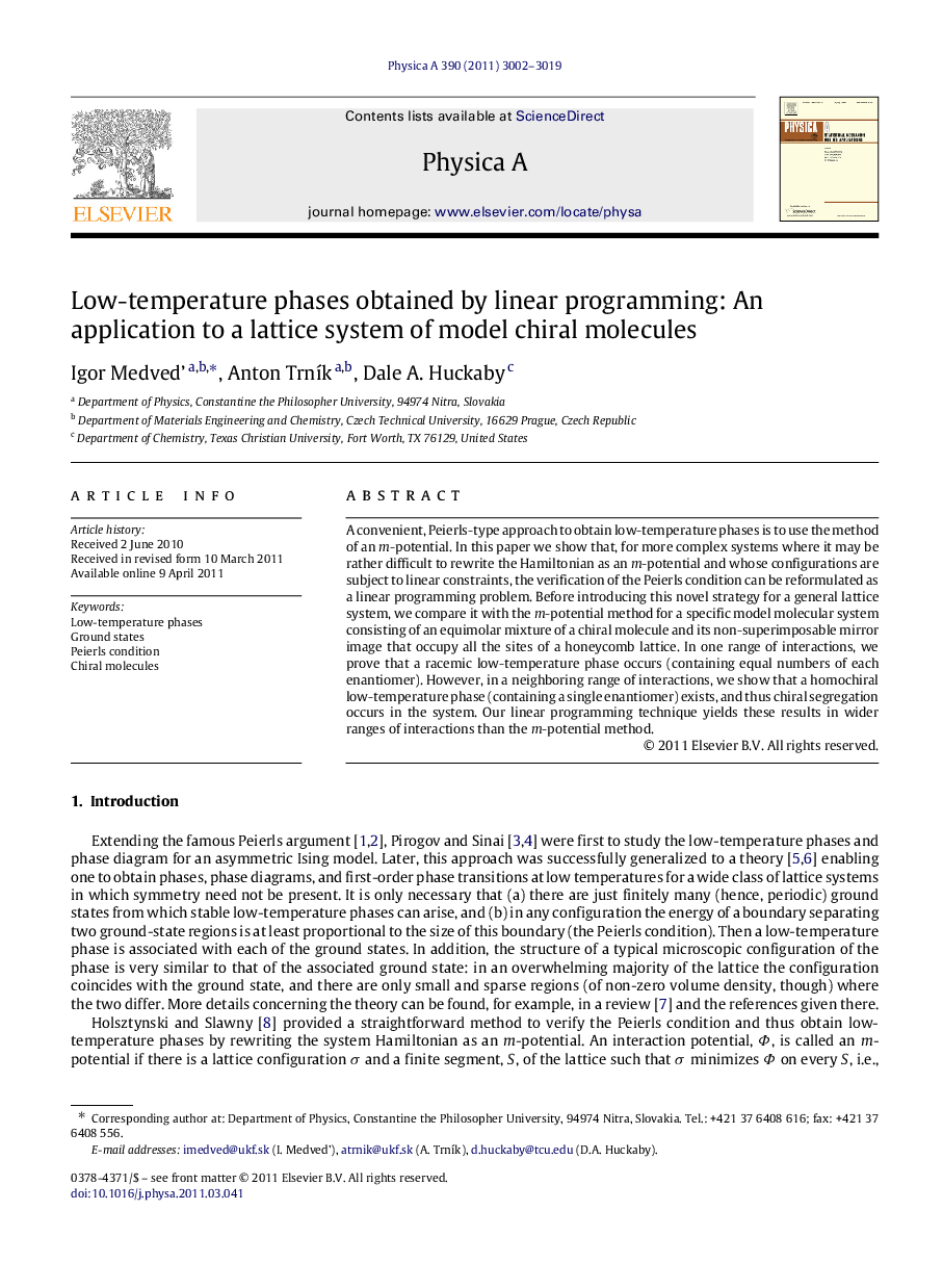 Low-temperature phases obtained by linear programming: An application to a lattice system of model chiral molecules