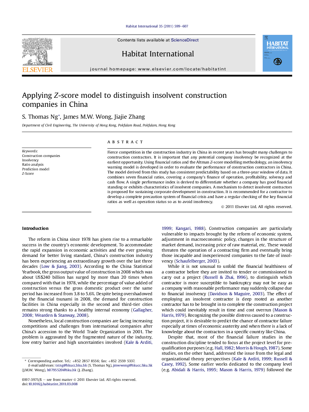 Applying Z-score model to distinguish insolvent construction companies in China