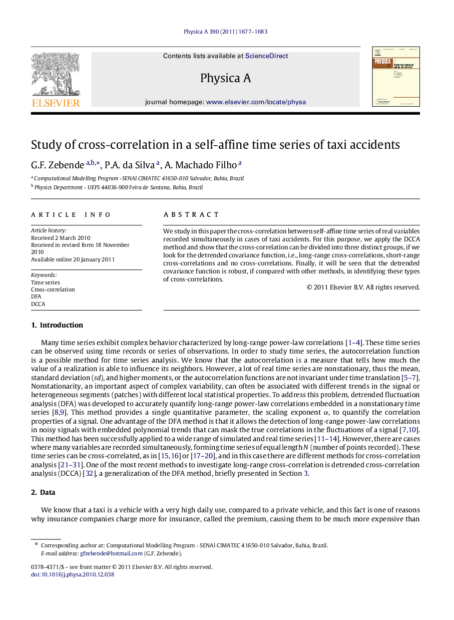 Study of cross-correlation in a self-affine time series of taxi accidents