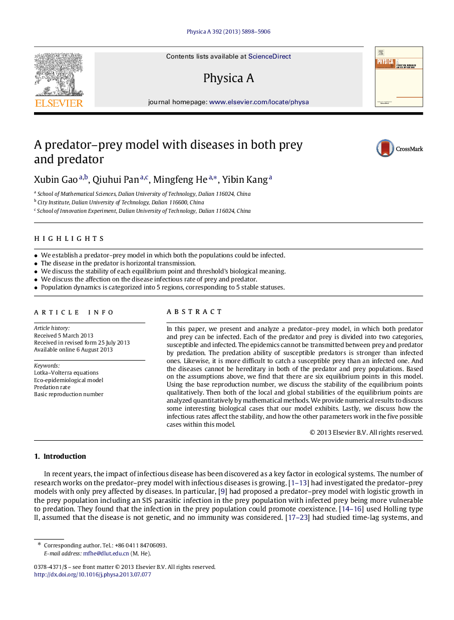 A predator-prey model with diseases in both prey and predator