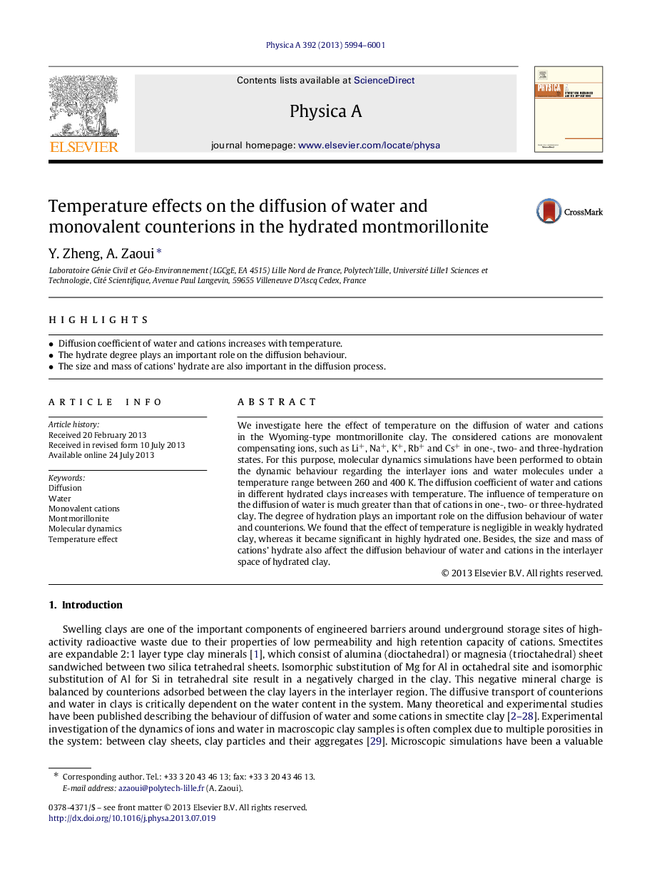 Temperature effects on the diffusion of water and monovalent counterions in the hydrated montmorillonite