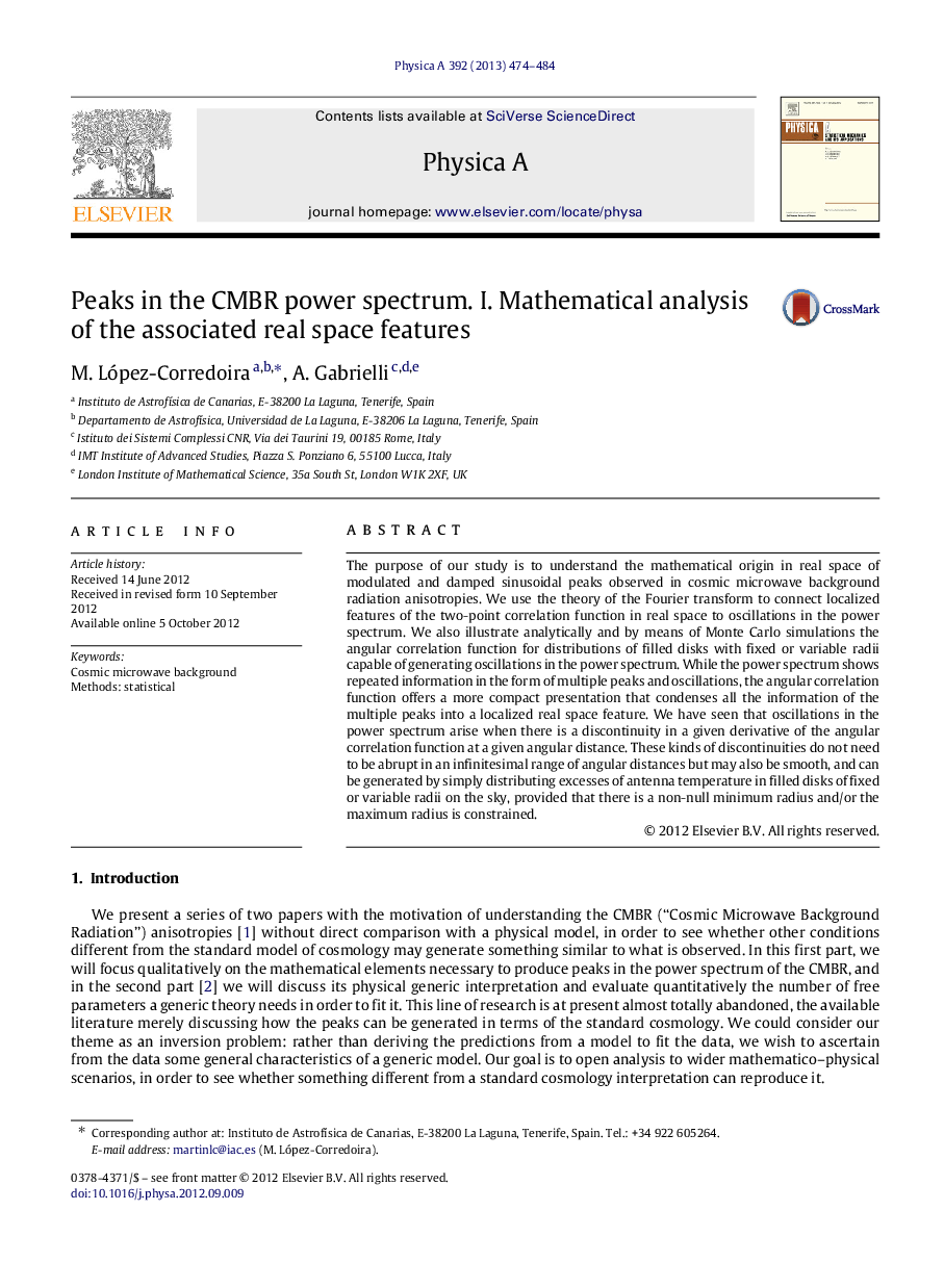 Peaks in the CMBR power spectrum. I. Mathematical analysis of the associated real space features