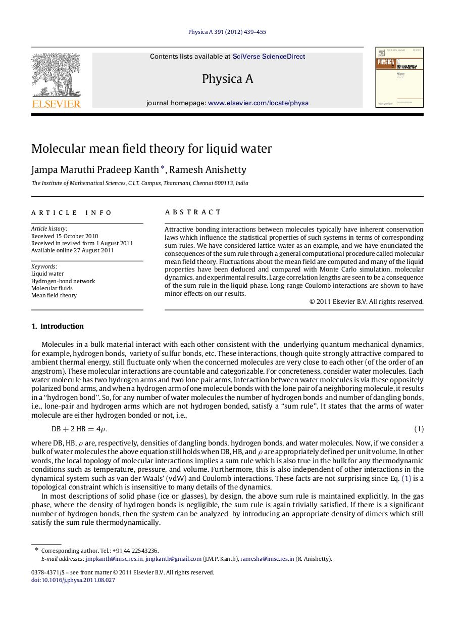 Molecular mean field theory for liquid water