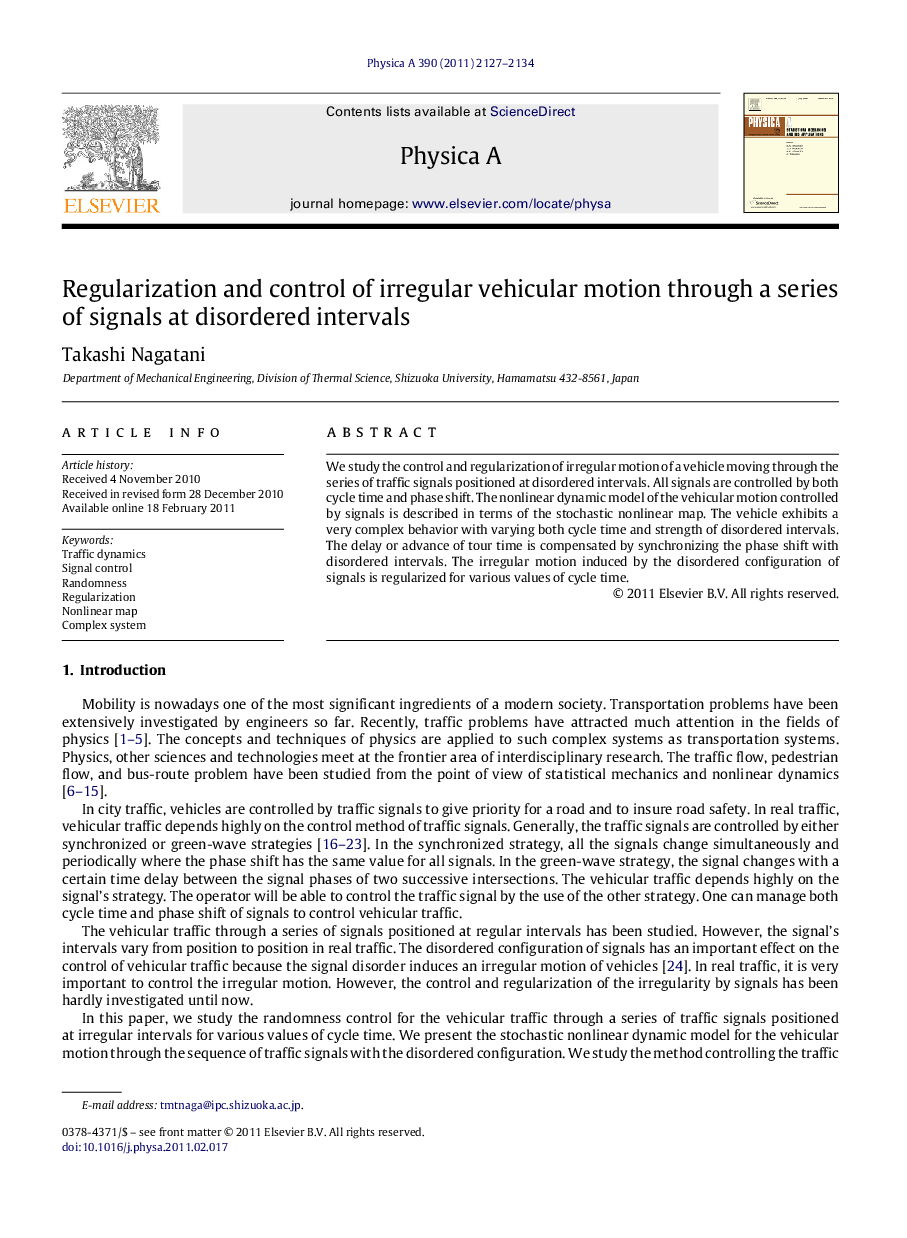 Regularization and control of irregular vehicular motion through a series of signals at disordered intervals