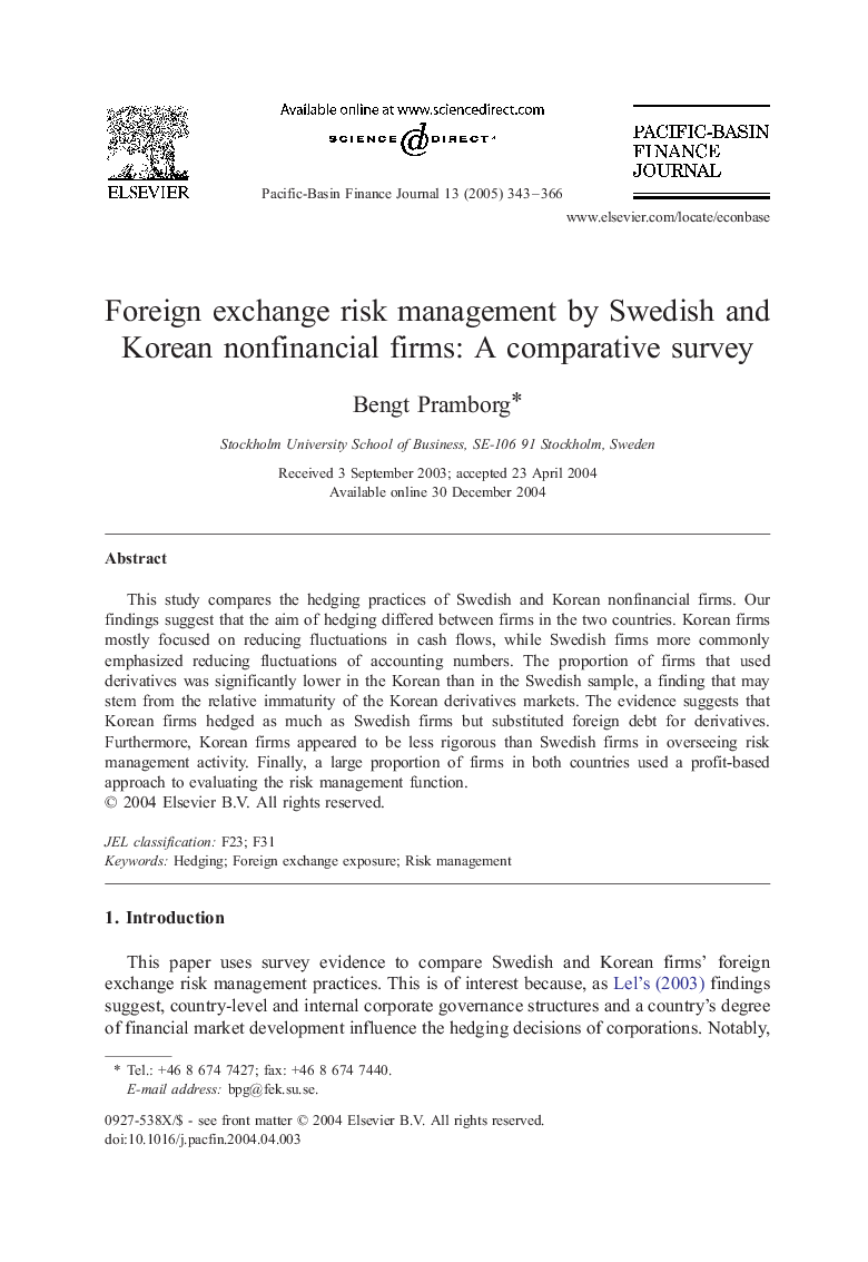 Foreign exchange risk management by Swedish and Korean nonfinancial firms: A comparative survey