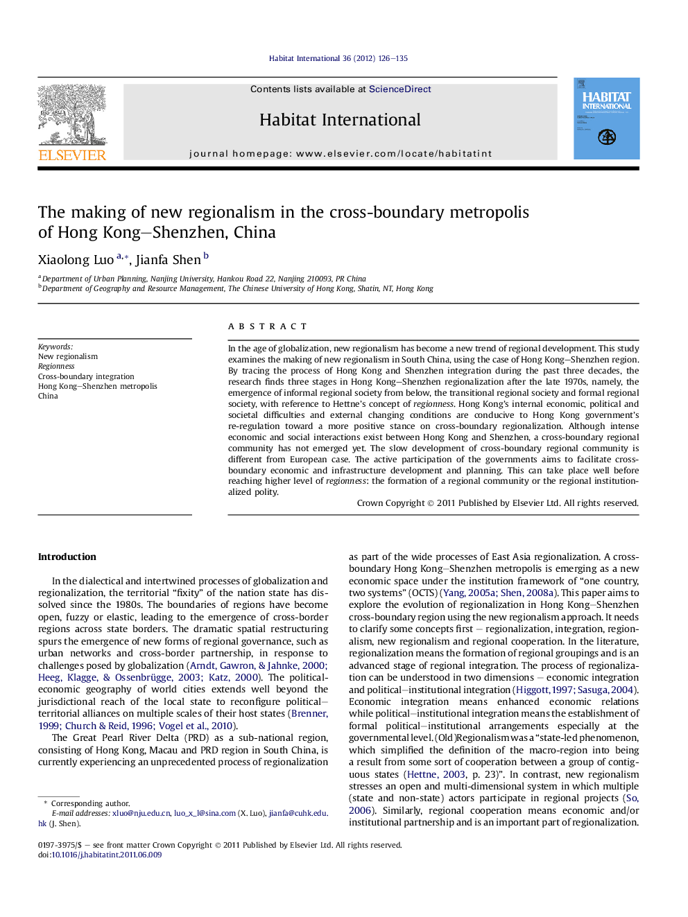 The making of new regionalism in the cross-boundary metropolis of Hong Kong–Shenzhen, China