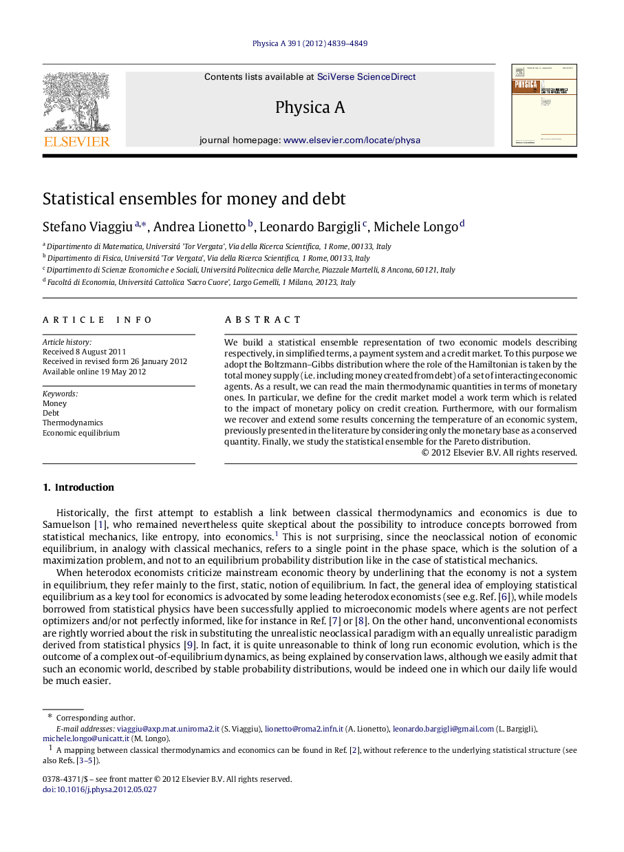 Statistical ensembles for money and debt