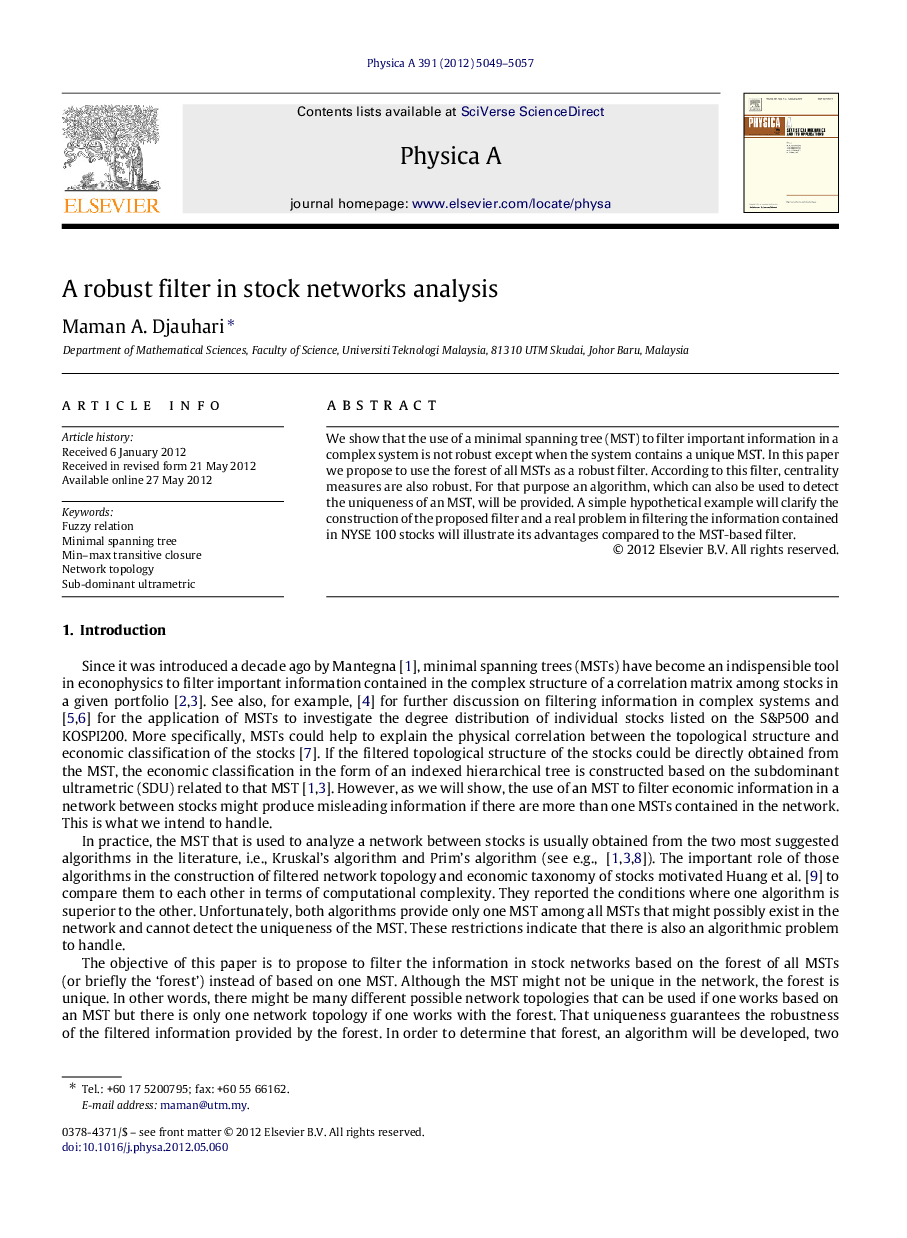 A robust filter in stock networks analysis