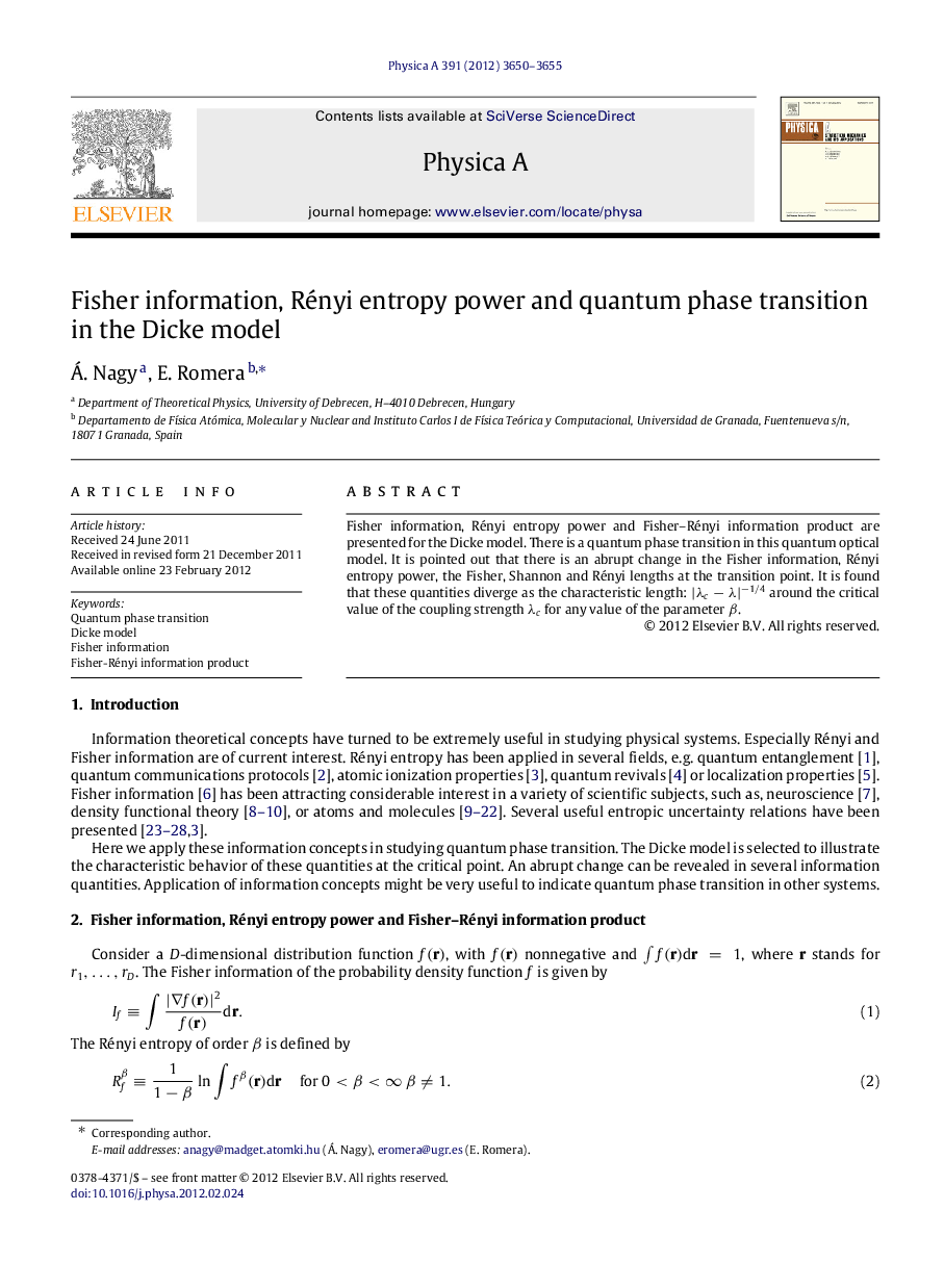 Fisher information, Rényi entropy power and quantum phase transition in the Dicke model