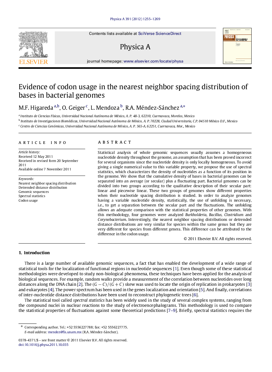 Evidence of codon usage in the nearest neighbor spacing distribution of bases in bacterial genomes