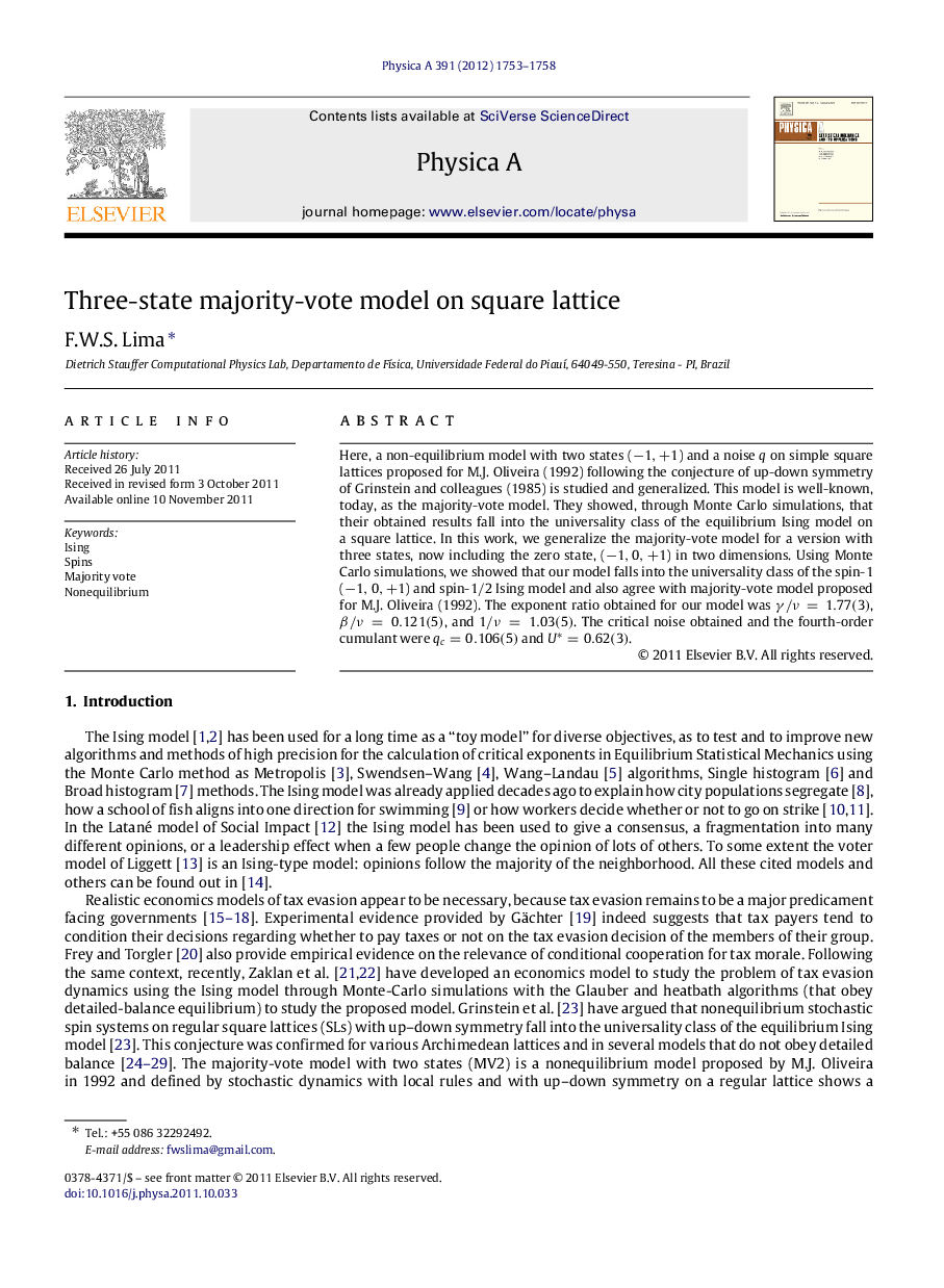 Three-state majority-vote model on square lattice