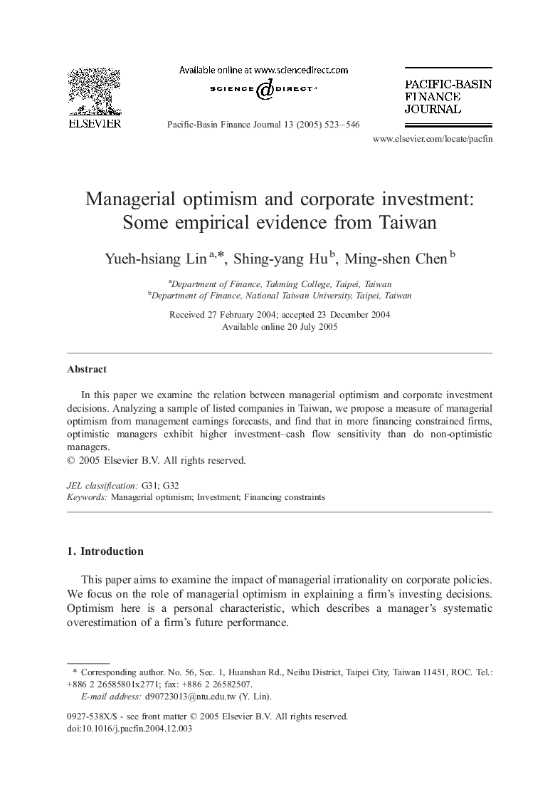 Managerial optimism and corporate investment: Some empirical evidence from Taiwan