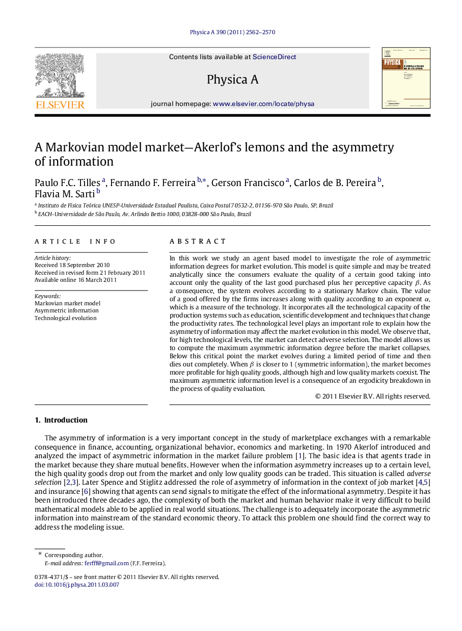 A Markovian model market-Akerlof's lemons and the asymmetry of information