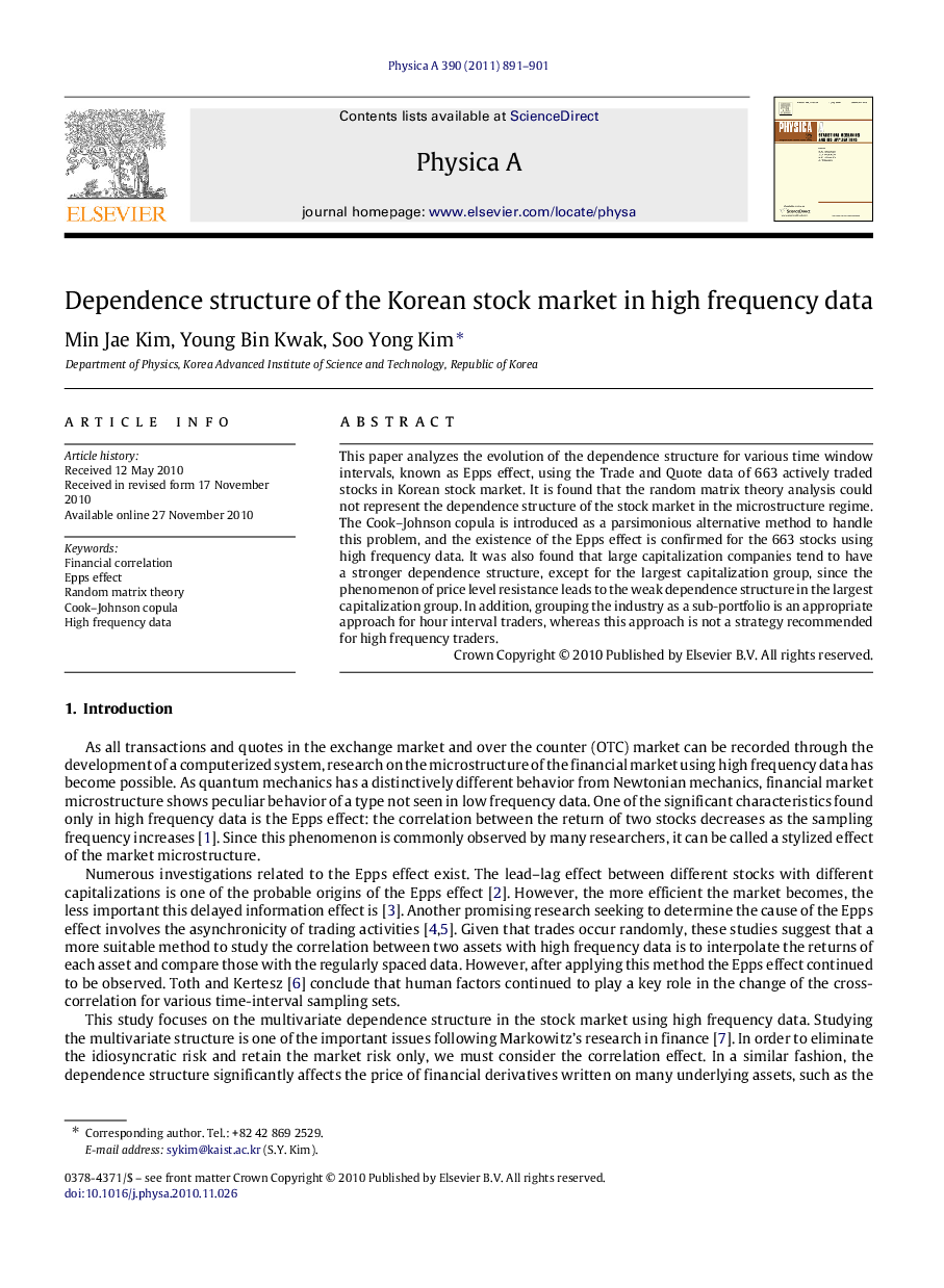 عکس صفحه اول مقاله: Dependence structure of the Korean stock market in high frequency data Dependence structure of the Korean stock market in high frequency data