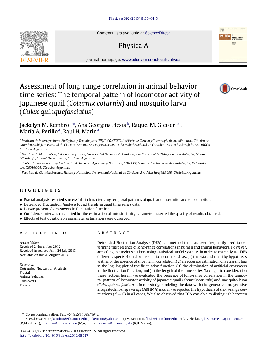 Assessment of long-range correlation in animal behavior time series: The temporal pattern of locomotor activity of Japanese quail (Coturnix coturnix) and mosquito larva (Culex quinquefasciatus)