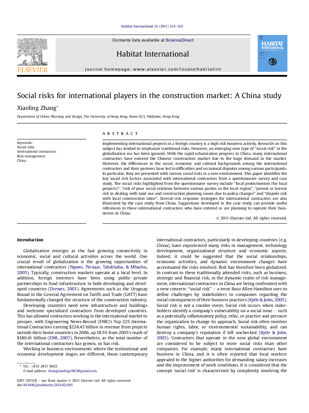 Social risks for international players in the construction market: A China study