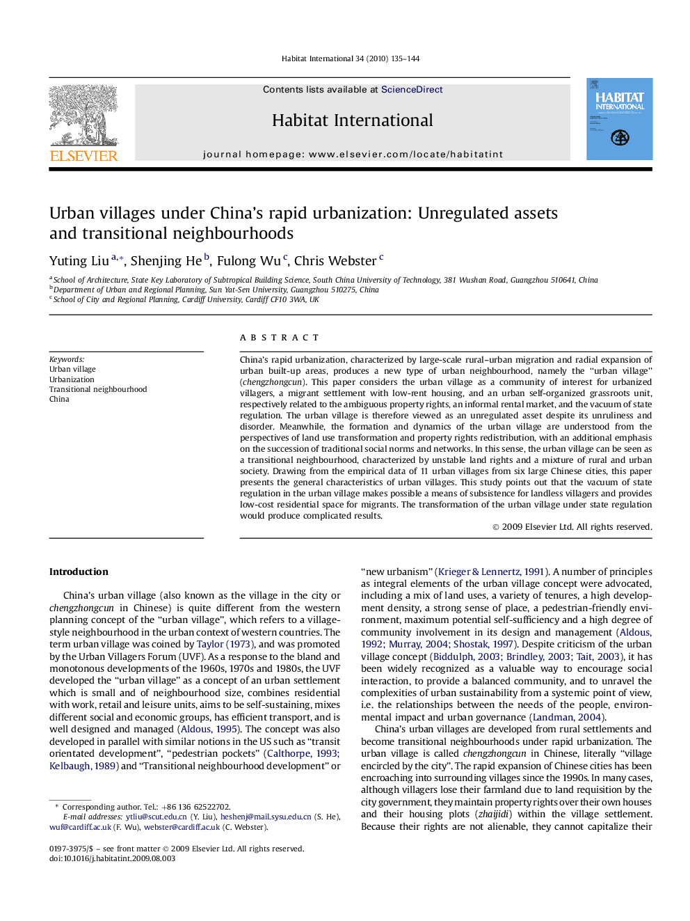 Urban villages under China's rapid urbanization: Unregulated assets and transitional neighbourhoods