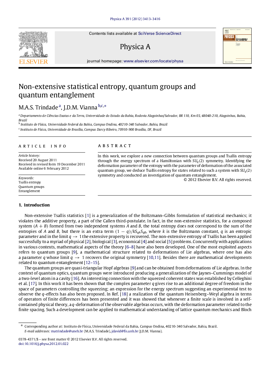 Non-extensive statistical entropy, quantum groups and quantum entanglement